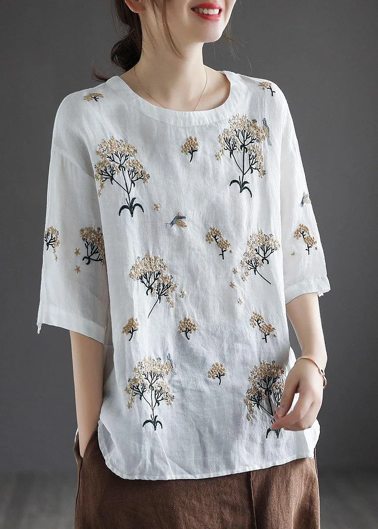 Bohemian White O-Neck Embroideried Floral Summer Linen Tops Half Sleeve