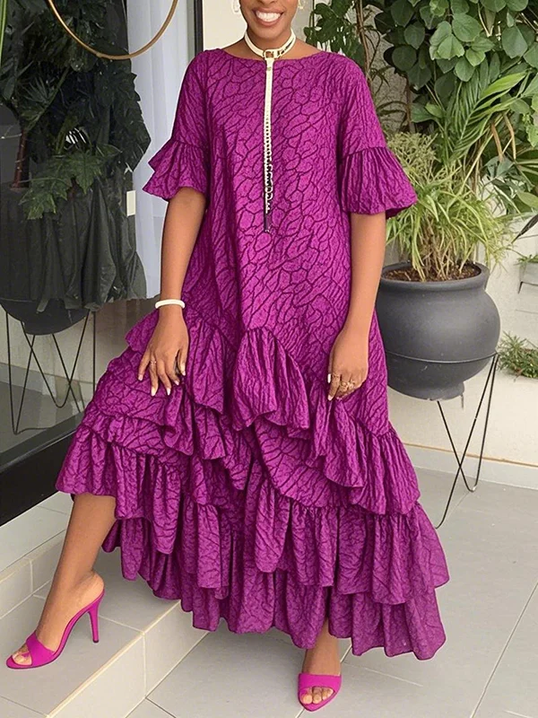 Ruffle Trim Printed Pleated Layered Loose Half Sleeves Round-Neck Maxi Dresses