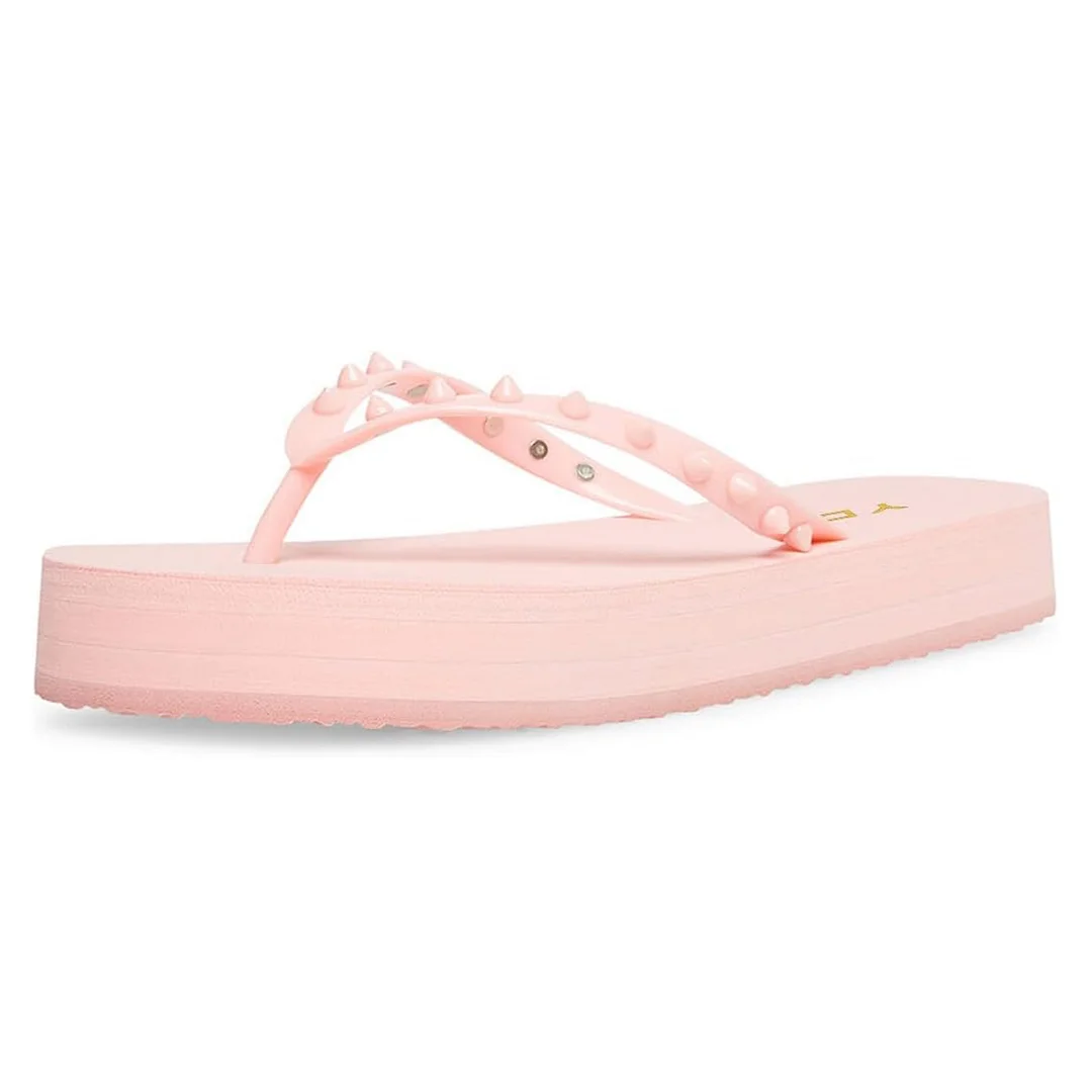 Light Pink Vegan Leather Rivet Strap Platform Heel Slippers for Girls