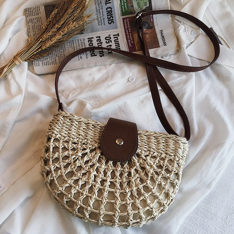 casual half moon rattan women shoulder bags wicker woven lady crossbody bag summer beach straw bags lady small purse travel 2020