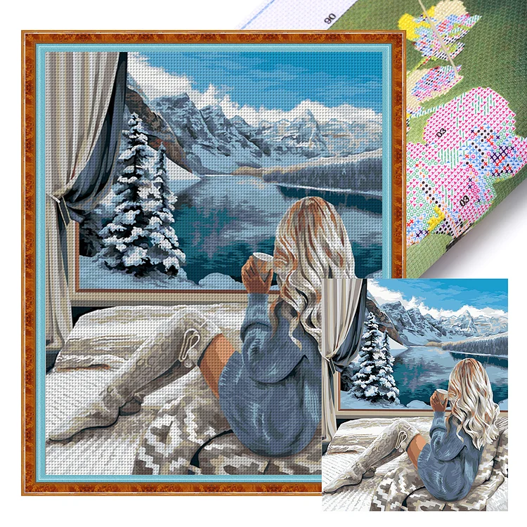 Snow Mountain And Girl 11CT Stamped Cross Stitch (40*50CM) gbfke