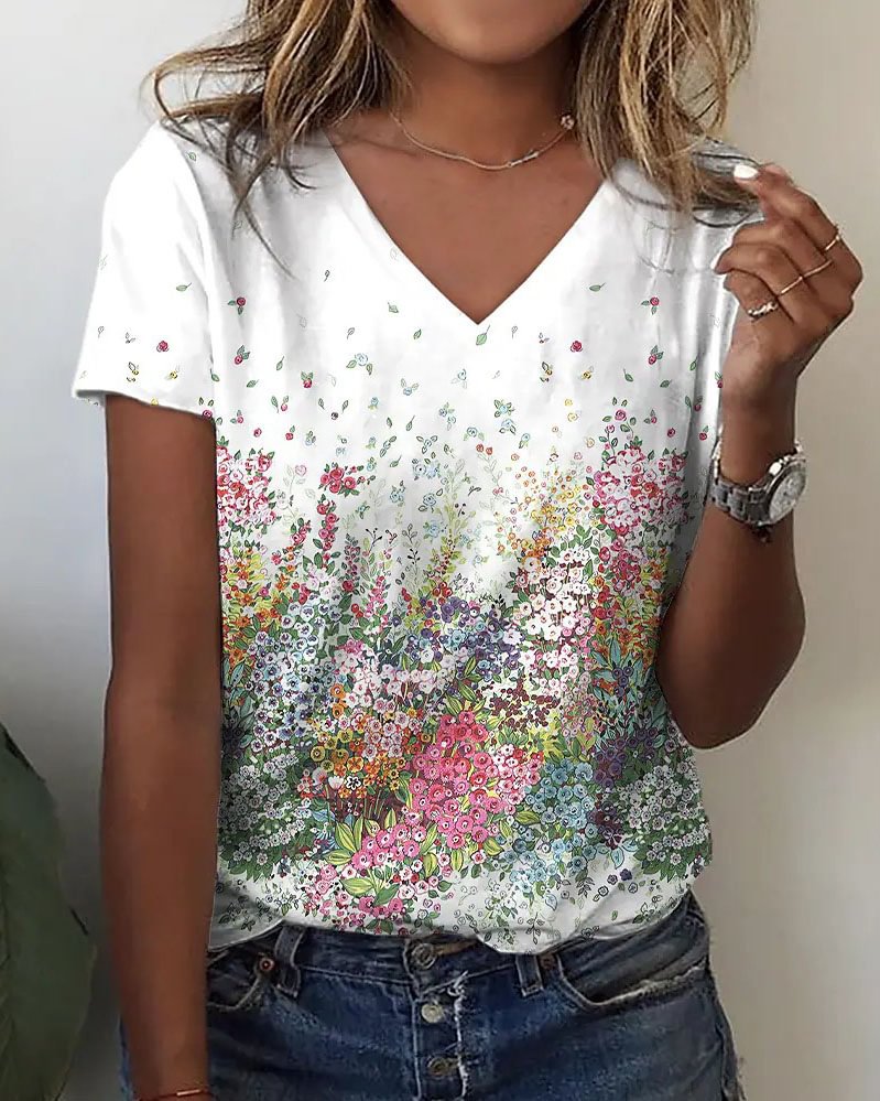 Summer Elegant Printed T-shirt V Neck Casual Short Sleeves