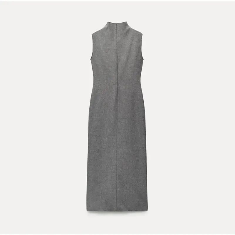 Ootddress Sleeveless Split Patchwork Long Dress Female Straight Solid Slim High Waist Zipper Maxi Dress Autumn 2025 Turtleneck Dress