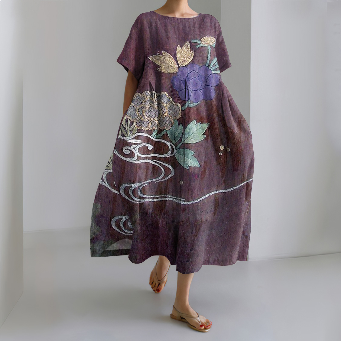 wearshes Vintage Japanese Art Flower Print Short Sleeve Midi Dress