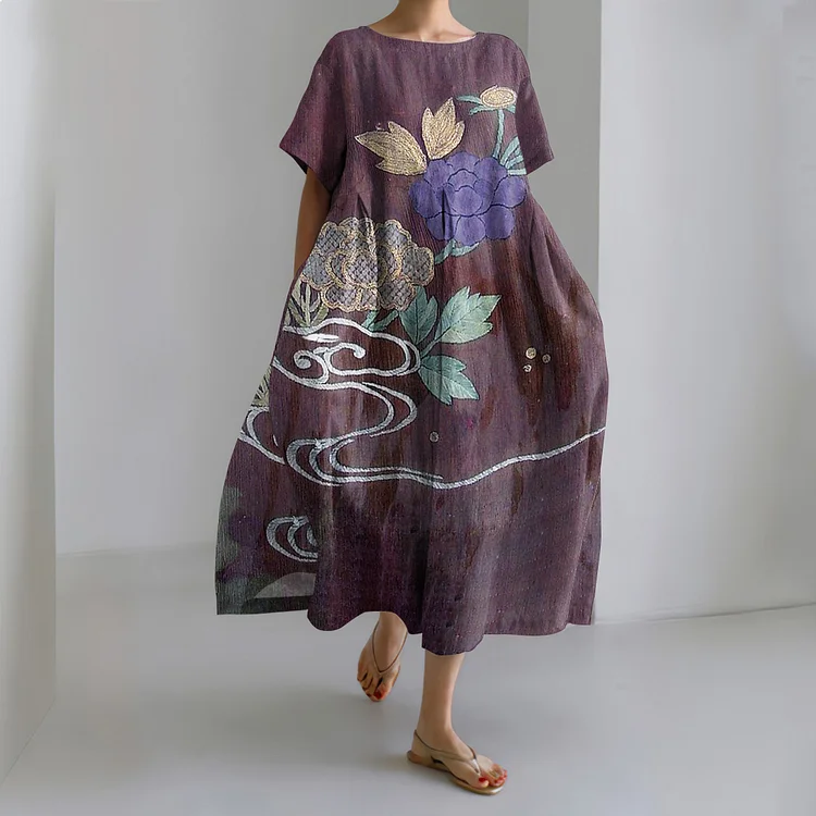 Vintage Japanese Art Flower Print Short Sleeve Midi Dress