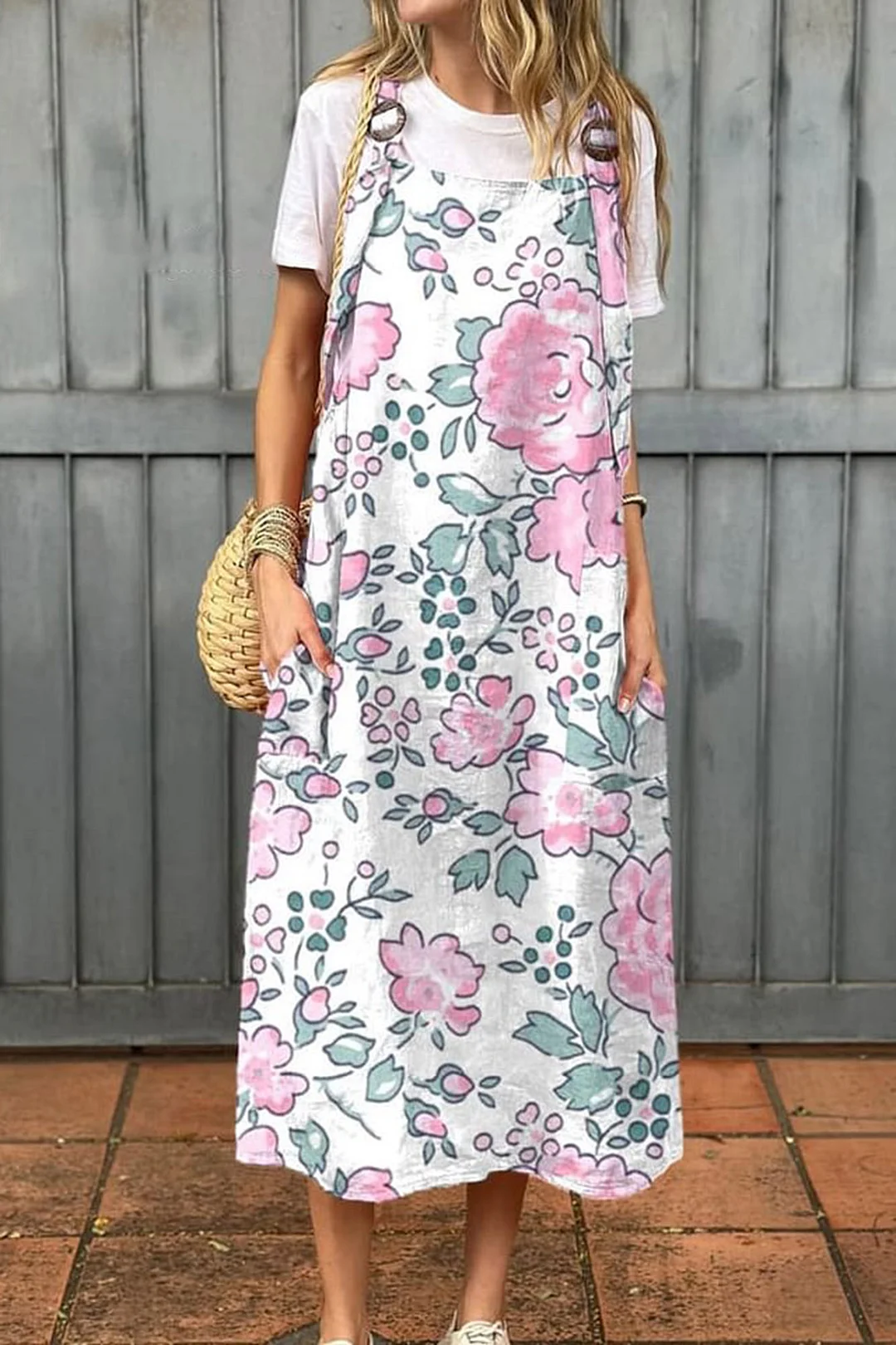 Women's Vintage Flower Art Print Cotton Pocket Suspender Dress