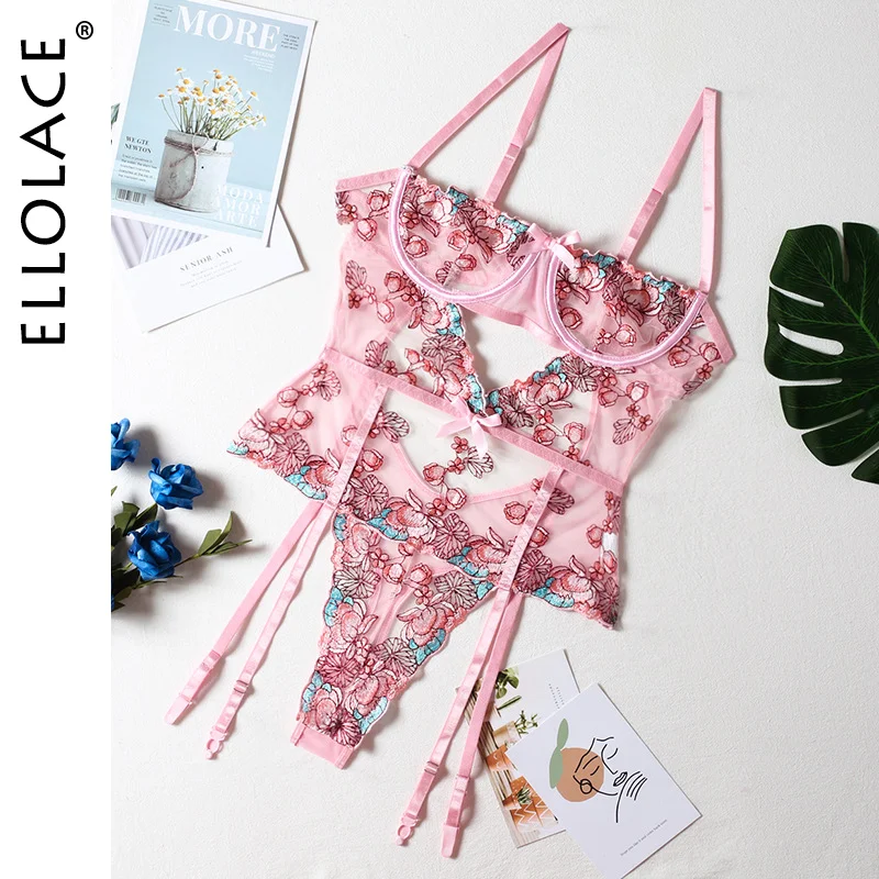 Uaang Ellolace Bodycon Sexy Floral Bodysuit Push Up Embroidery Lace Lingerie Body Pink Cut Out Sleeveless See Through Mesh Top