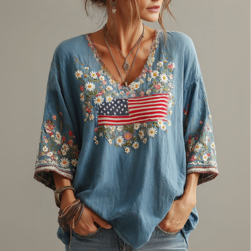  Women's Retro Independence Day Anniversary Flag Floral Print Cotton Linen T-shirt Westsshops