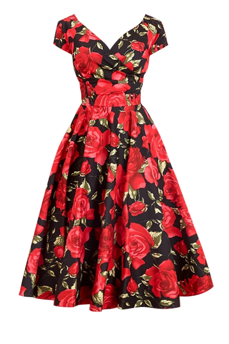 1950s Red Party Roses Print Cross Chest Fitted Waist Cap Sleeve Bell Midi Dress [In Stock]