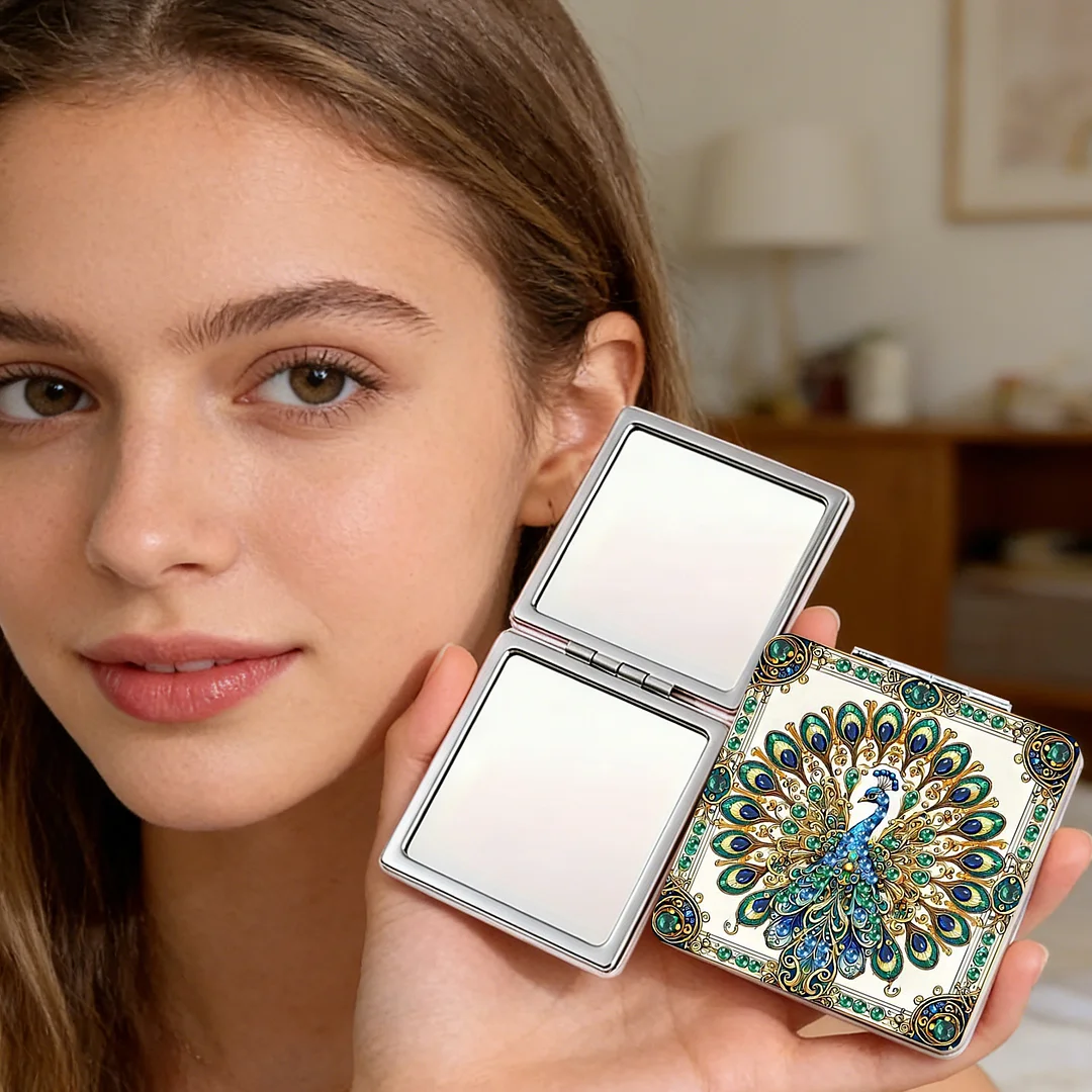 Green Peacock DIY Special Shaped Diamond Painting Compact Mirror Kits Diamond Art Painting Pocket Mirror for Adults and Beginners