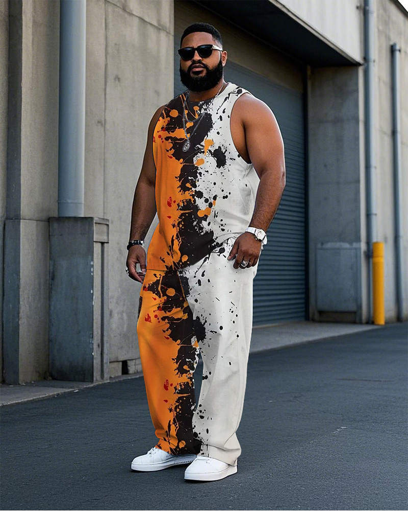 Men's Plus Size Street Fashion Orange Colorblock Splash Ink Printed Vest Trousers Suit