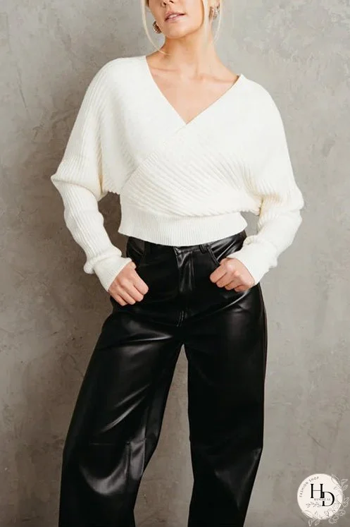 Meridress Cross V Neck Batwing Sleeves Ribbed Knit Sweater