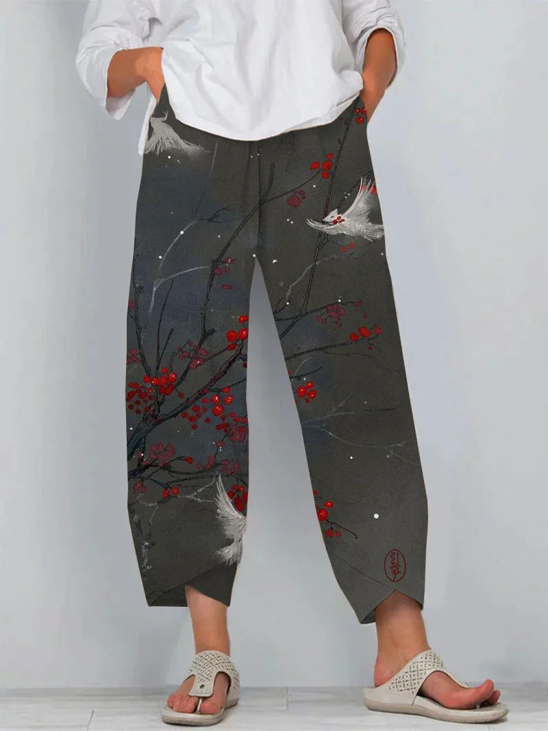 Japanese Art Flower Print Loose Casual Pants