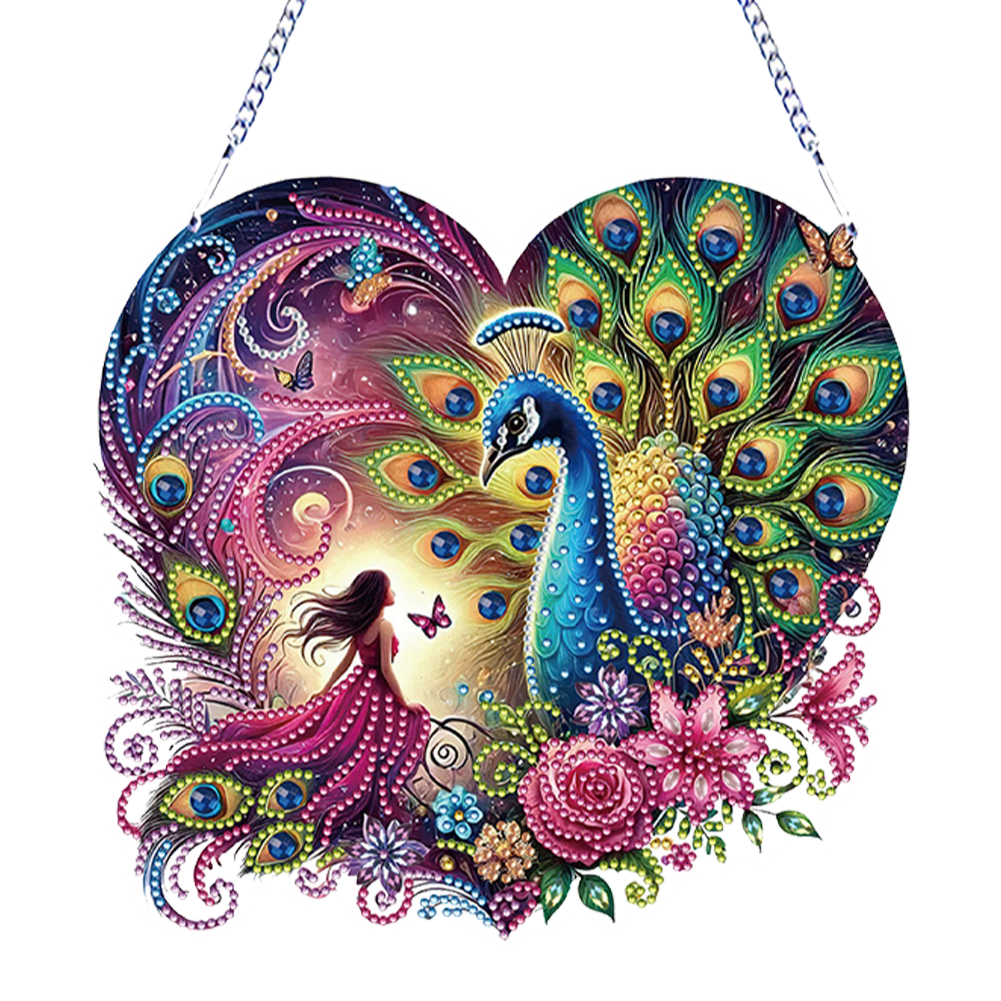 Peacock Girl Diamond Painting Hanging Pendants for Garden Window Decoration