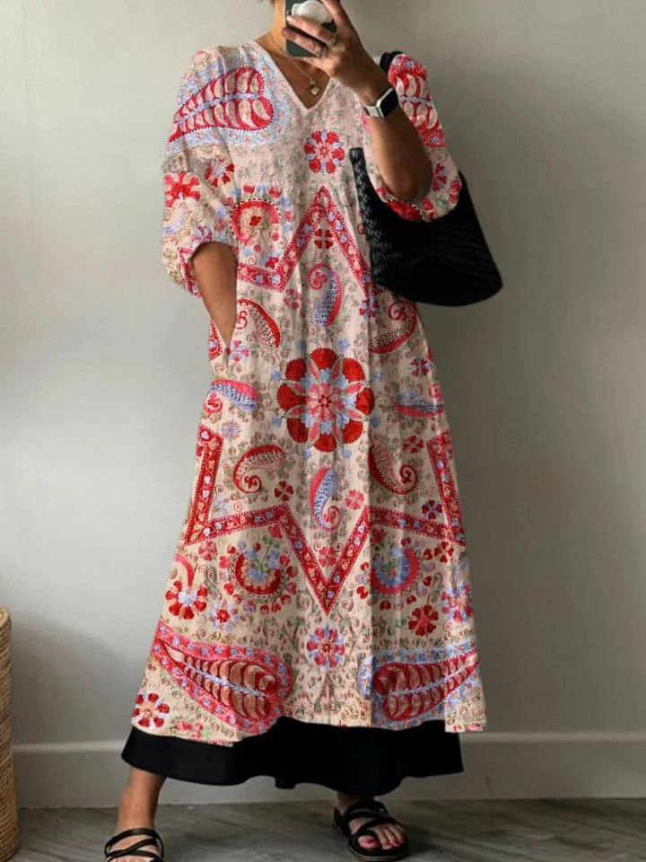 Women's Dark Pink Ethnic Pattern Art Print Pocket V-neck Cotton Dress