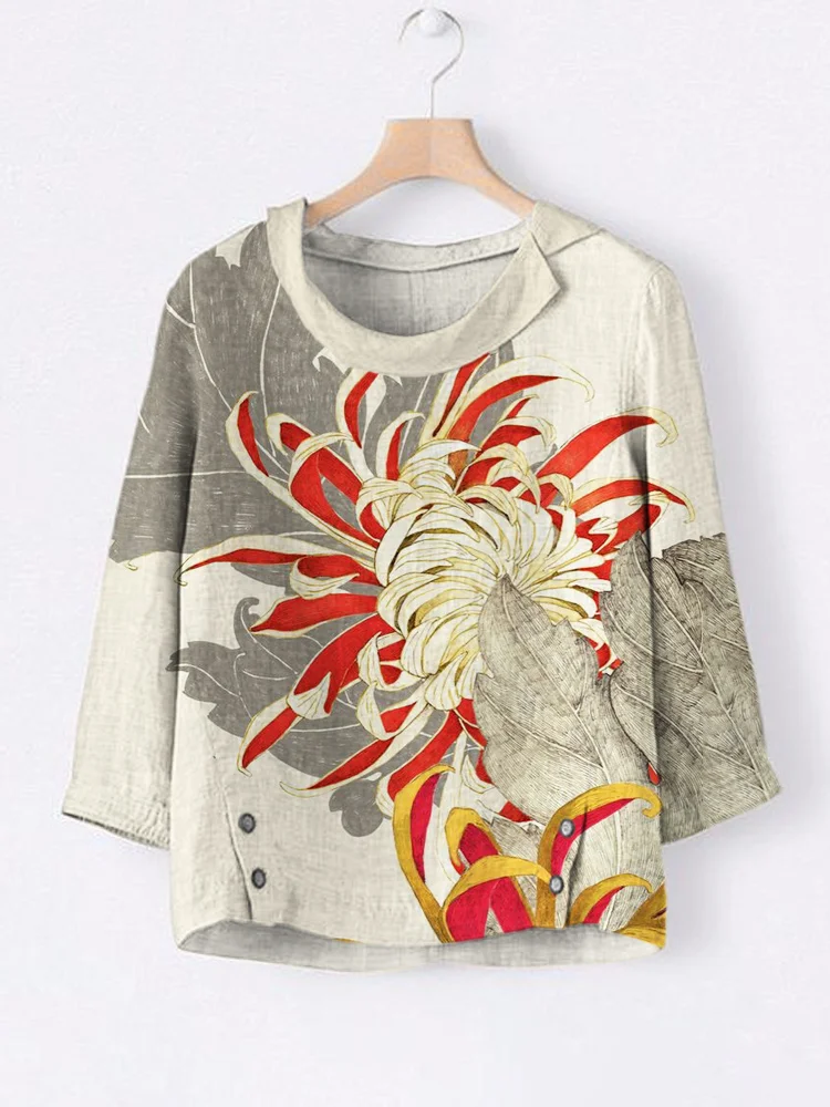 Japanese Floral Print Linen Ladies Lapel Shirt