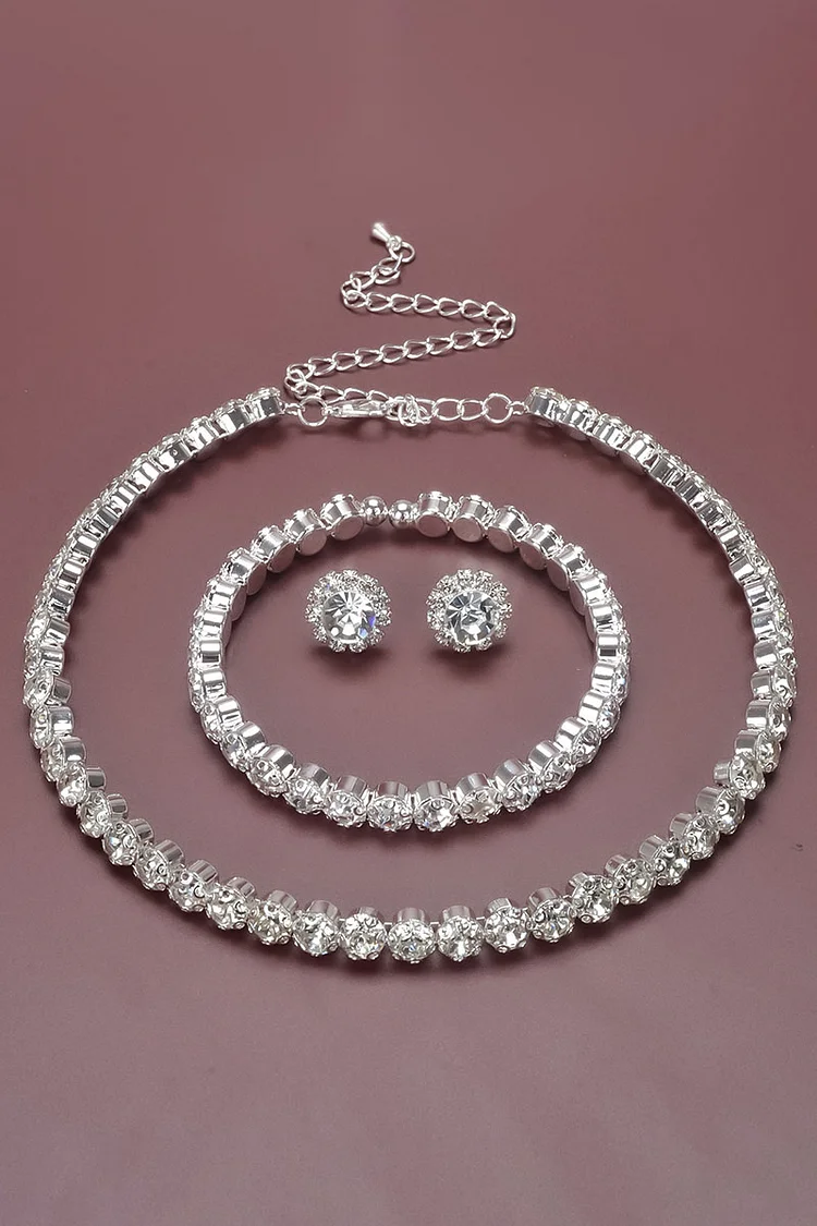Rhinestone Necklace Stud Earrings Bracelet Three Piece Jewelry Set