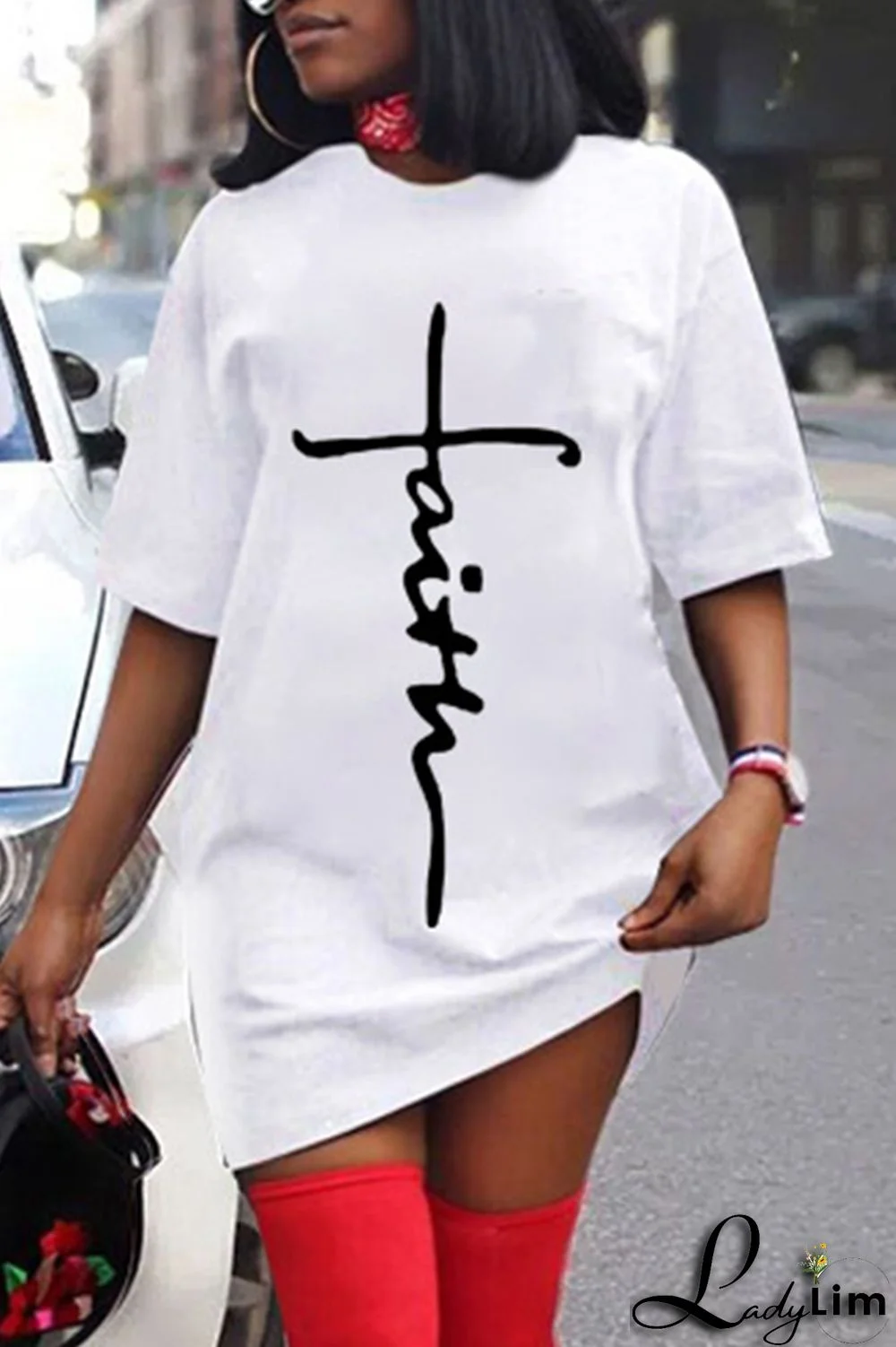 White Fashion Casual Print Basic O Neck Short Sleeve Dress