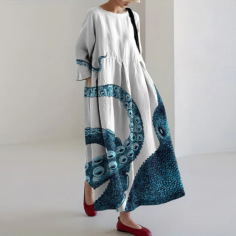 Women's Octopus Print Linen Blend Casual  Maxi Dress