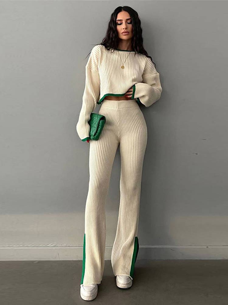 Toloer Women Casual Contrast Slit Sweater Suits O-Neck Knitted Crop Pullover And Wide Leg Pants Female 2 Piece Set Elegant Warm Outfits3