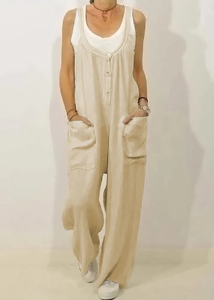 Women Khaki O-Neck Button Solid Jumpsuits Sleeveless