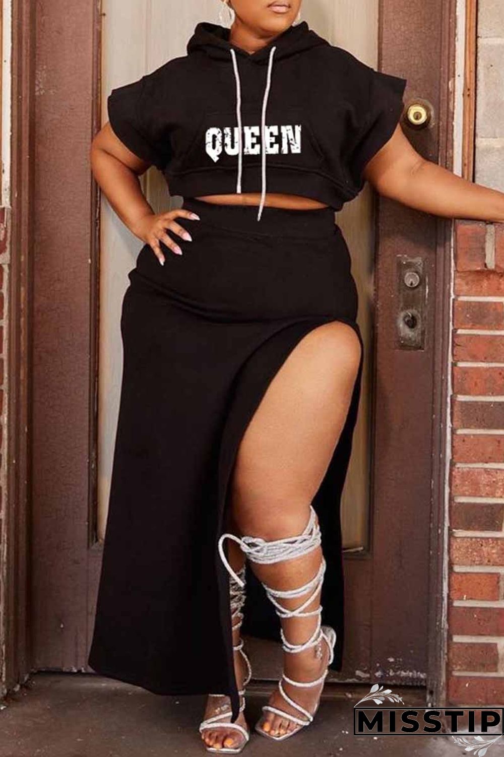 Black Fashion Casual Letter Print Slit Hooded Collar Two Pieces