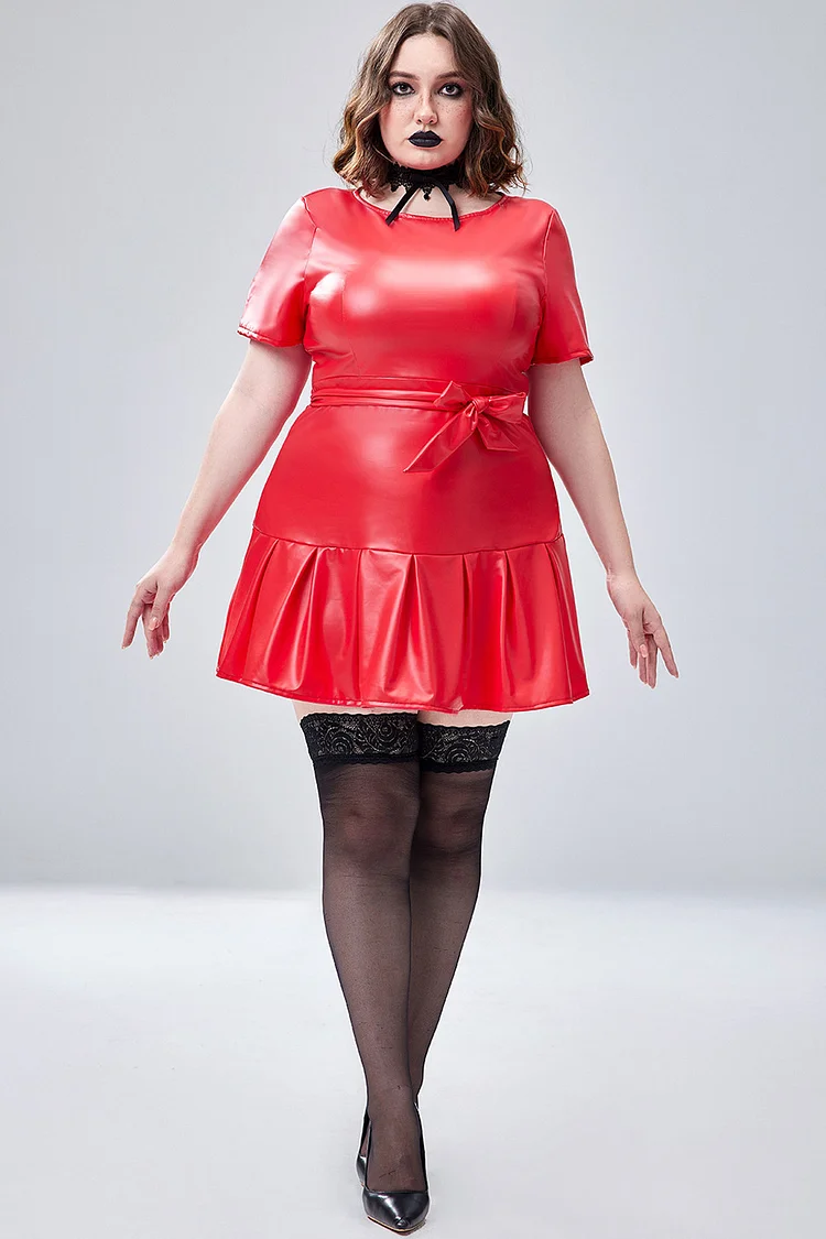 Plus Size Halloween Costume Red Pu-Leather Short Sleeve Wrap Mini Dress