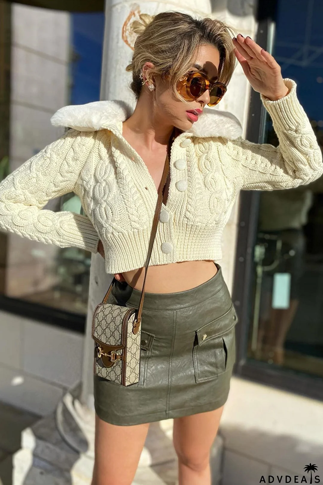 Fuzzy Lapel Cable Knit Cardigan