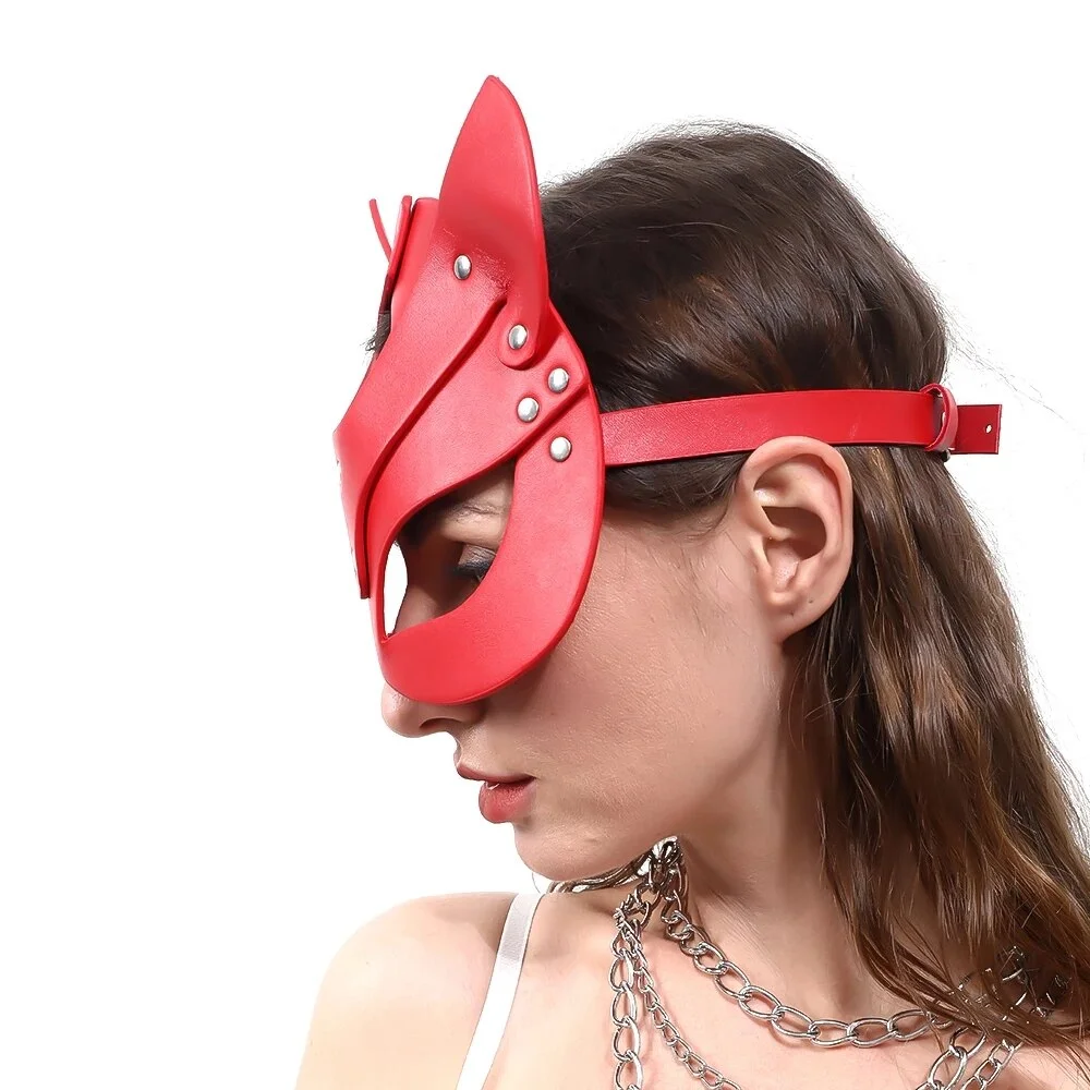 Uaang Punk Women Sexy Leather Red Cat Mask Bdsm Fetish Cat Head Cosplay Face Adult Halloween 4383