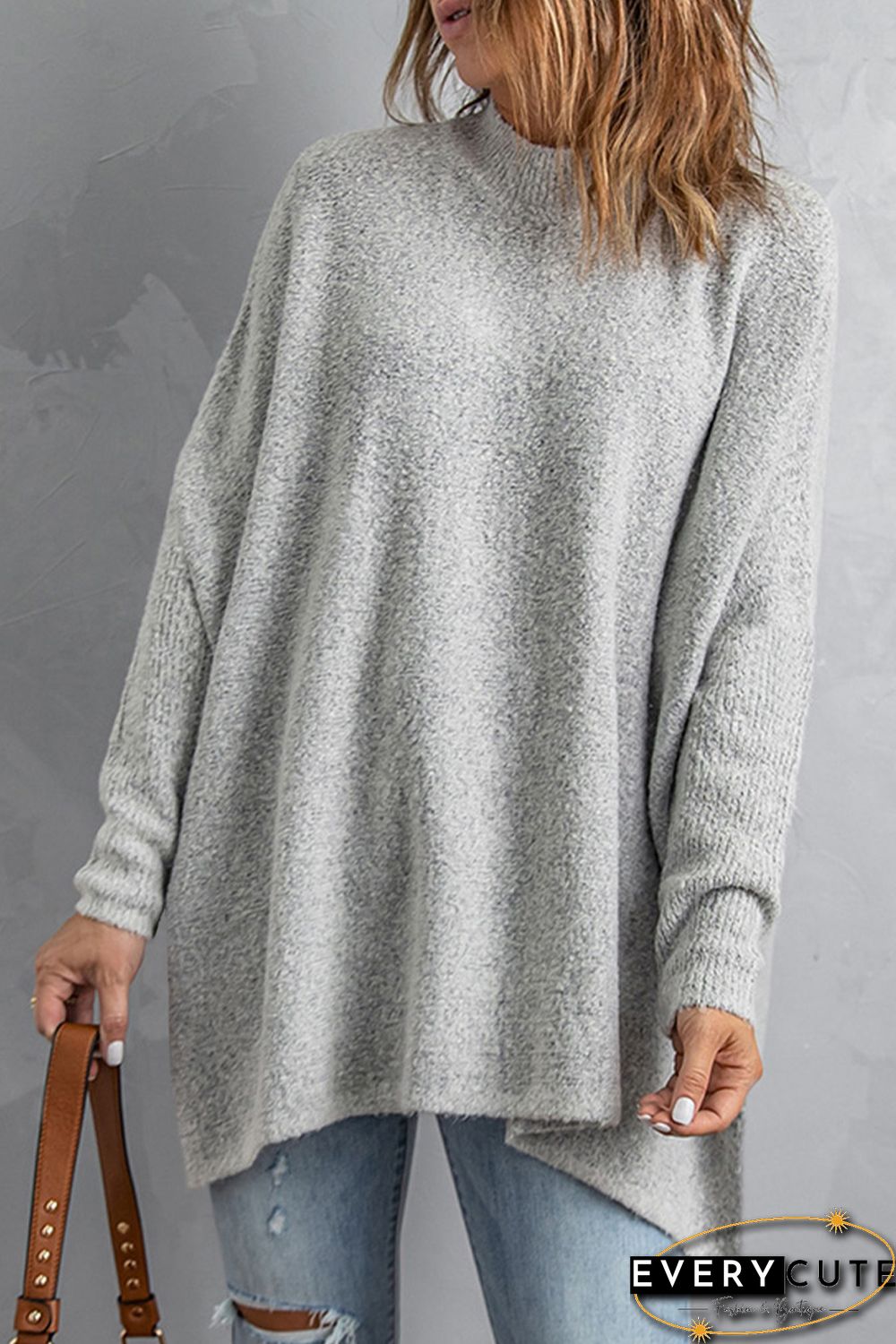 Grey High Neck Oversized Sweater with Slits