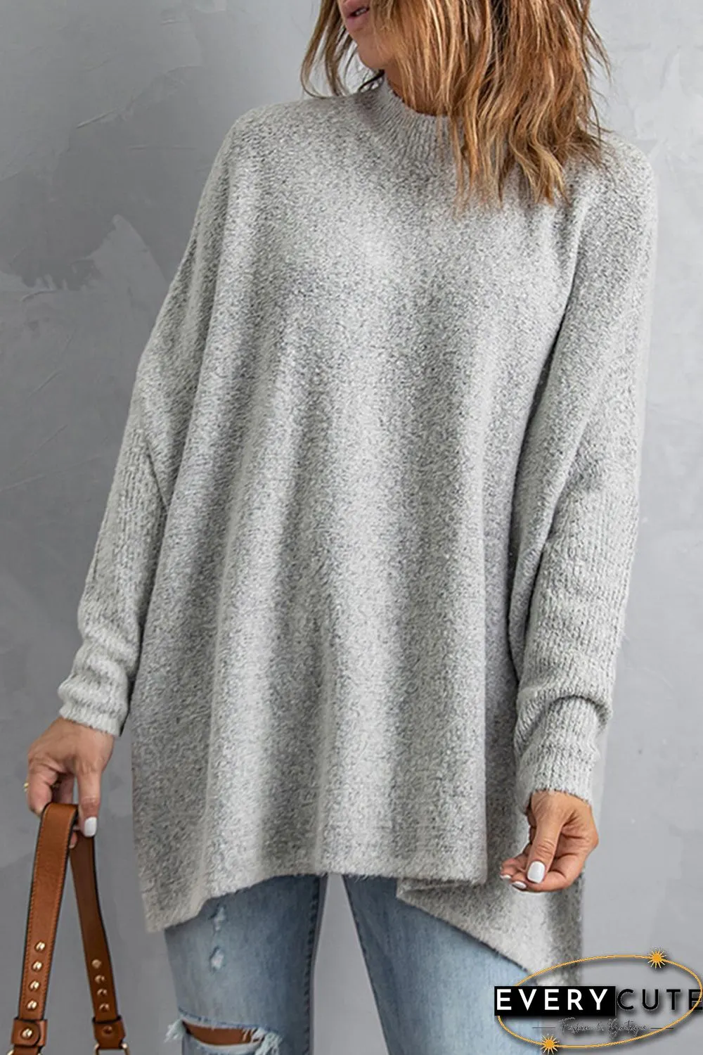 Grey High Neck Oversized Sweater with Slits