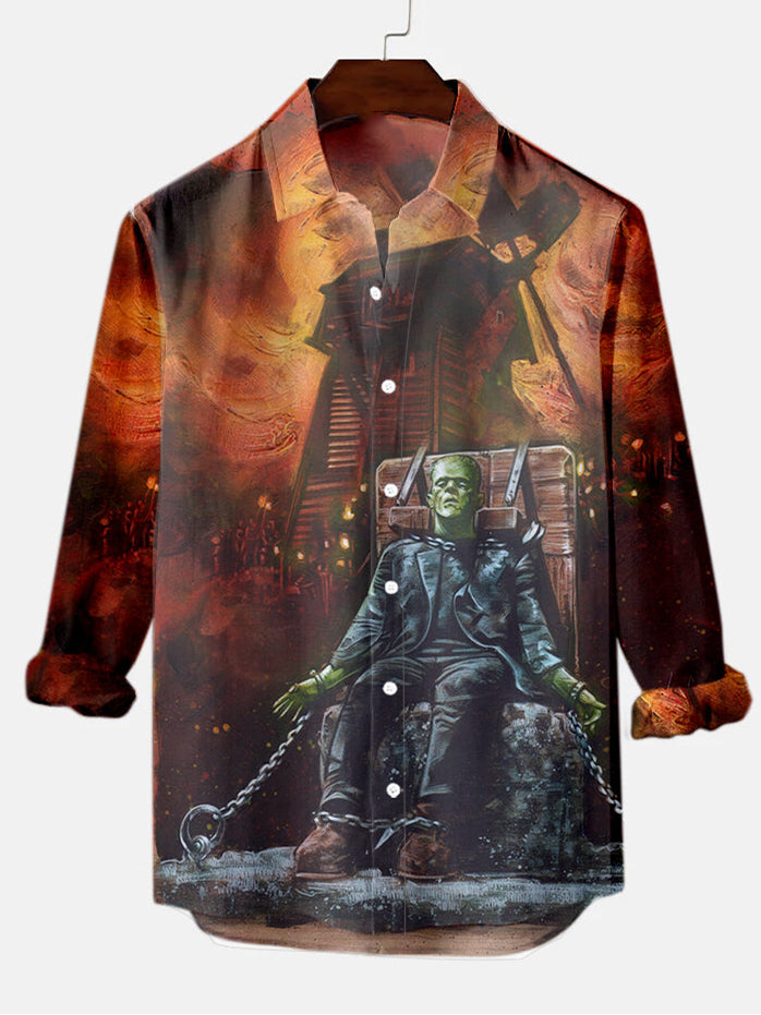 Men's Halloween Retro Movie Poster Pattern Long Sleeve Shirt PLUSCLOTHESMAN