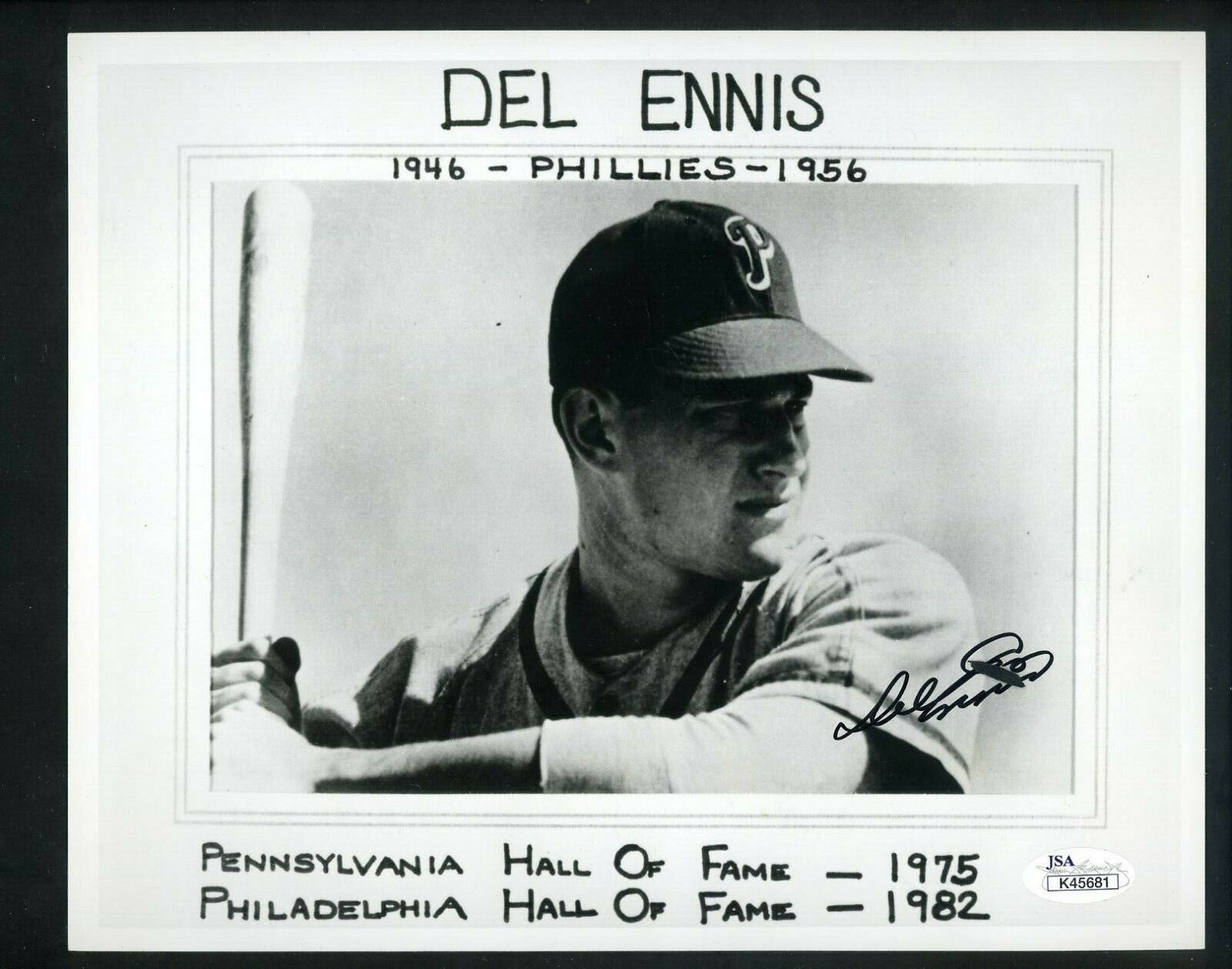 Del Ennis Signed Autographed 8x10 Photo Poster painting with JSA authent sticker & card Phillies