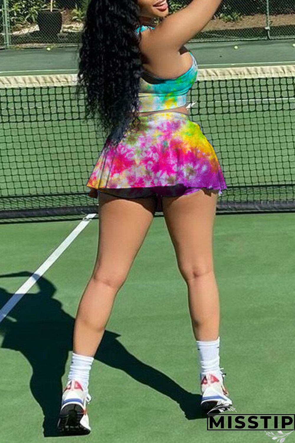 Green Yellow Sexy Casual Print Tie Dye Vests U Neck Sleeveless Two Pieces