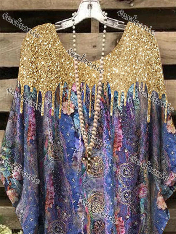 Women 3/4 Sleeve Scoop Neck Printed Colorblock Women Tops