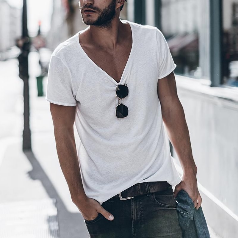 Mens V-neck Solid Color Casual Tee