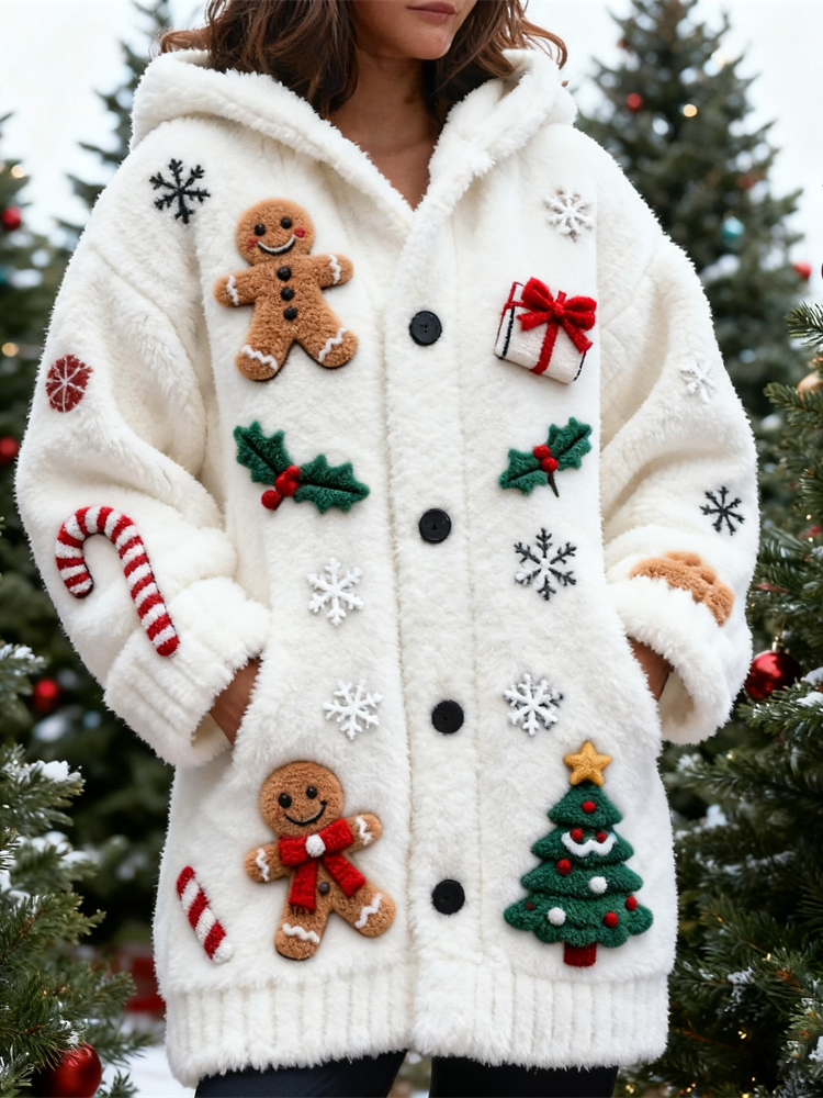 Winter Christmas Elements Design Women's Hooded Plush Cardigan elevenforest