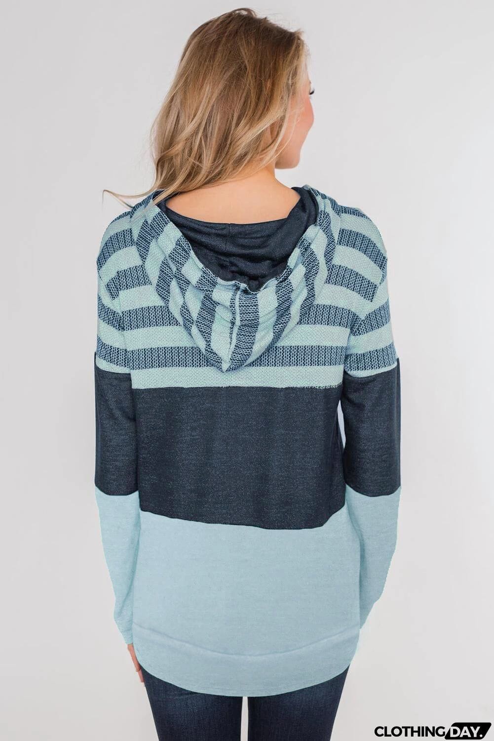 Striped Color Block Drawstring Zip Front Hoodie