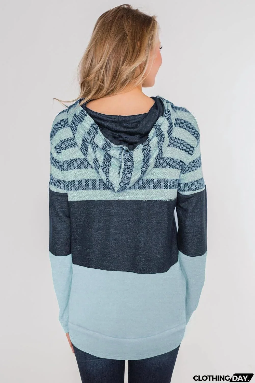 Striped Color Block Drawstring Zip Front Hoodie