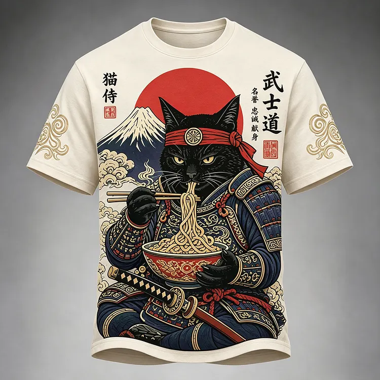 Men's Black Cat Samurai Eats Ramen Print Casual T-shirt