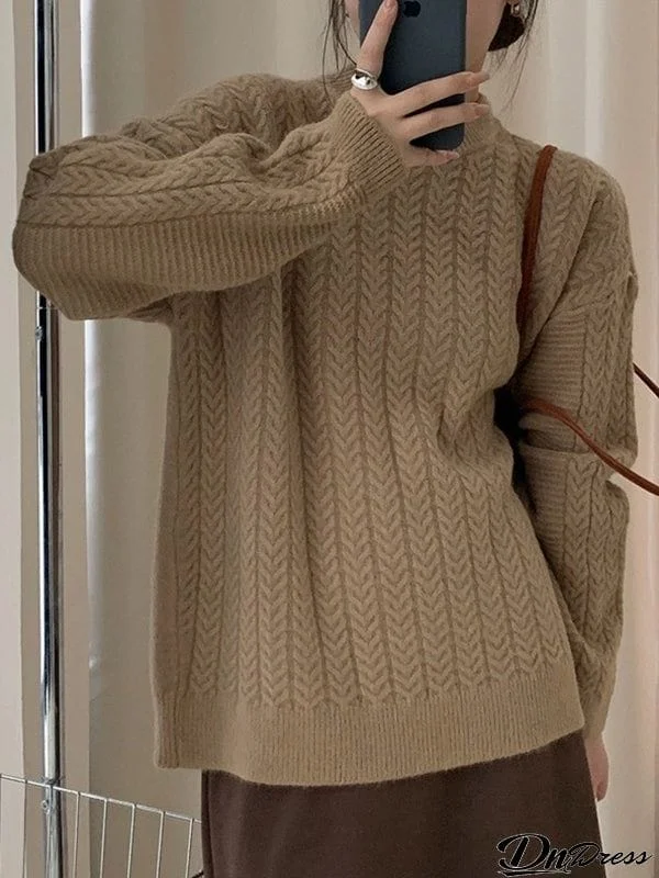 Long Sleeves Loose Solid Color Velvet Round-Neck Knitwear Pullovers Sweater Tops