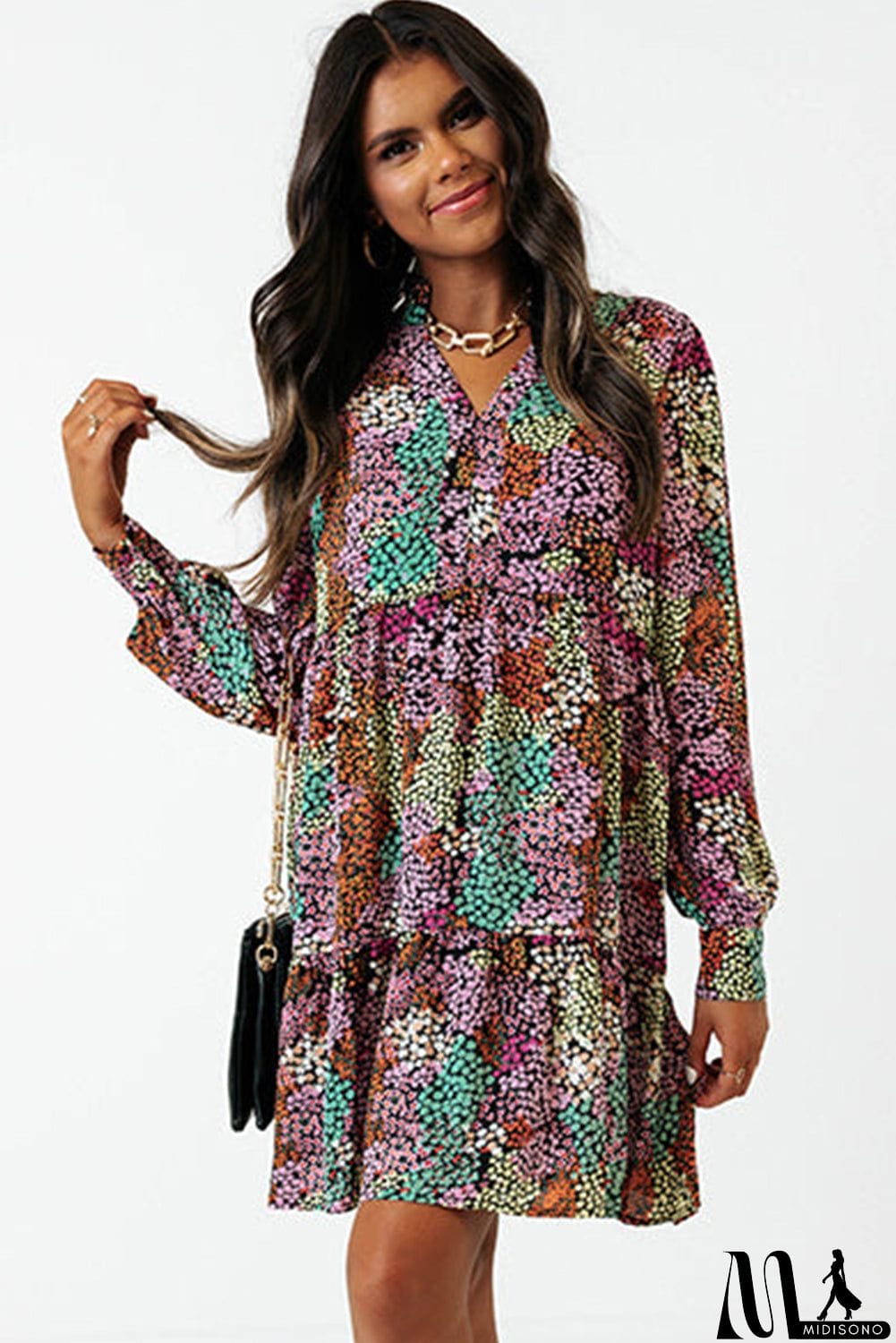 MidiSono - color Floral Print High Waist V Neck Shirt Dress
