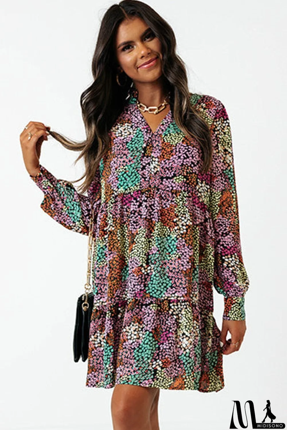 MidiSono - color Floral Print High Waist V Neck Shirt Dress