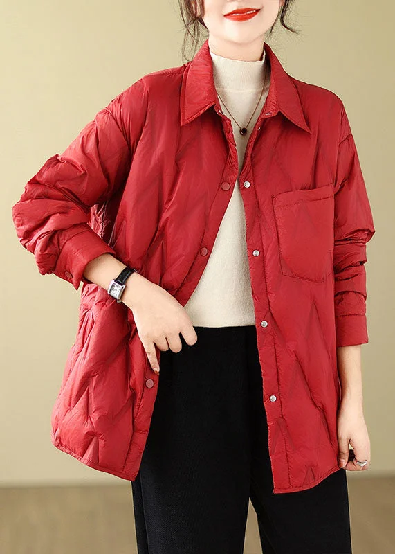 Chic Red Peter Pan Collar Pockets Button Parkas Winter