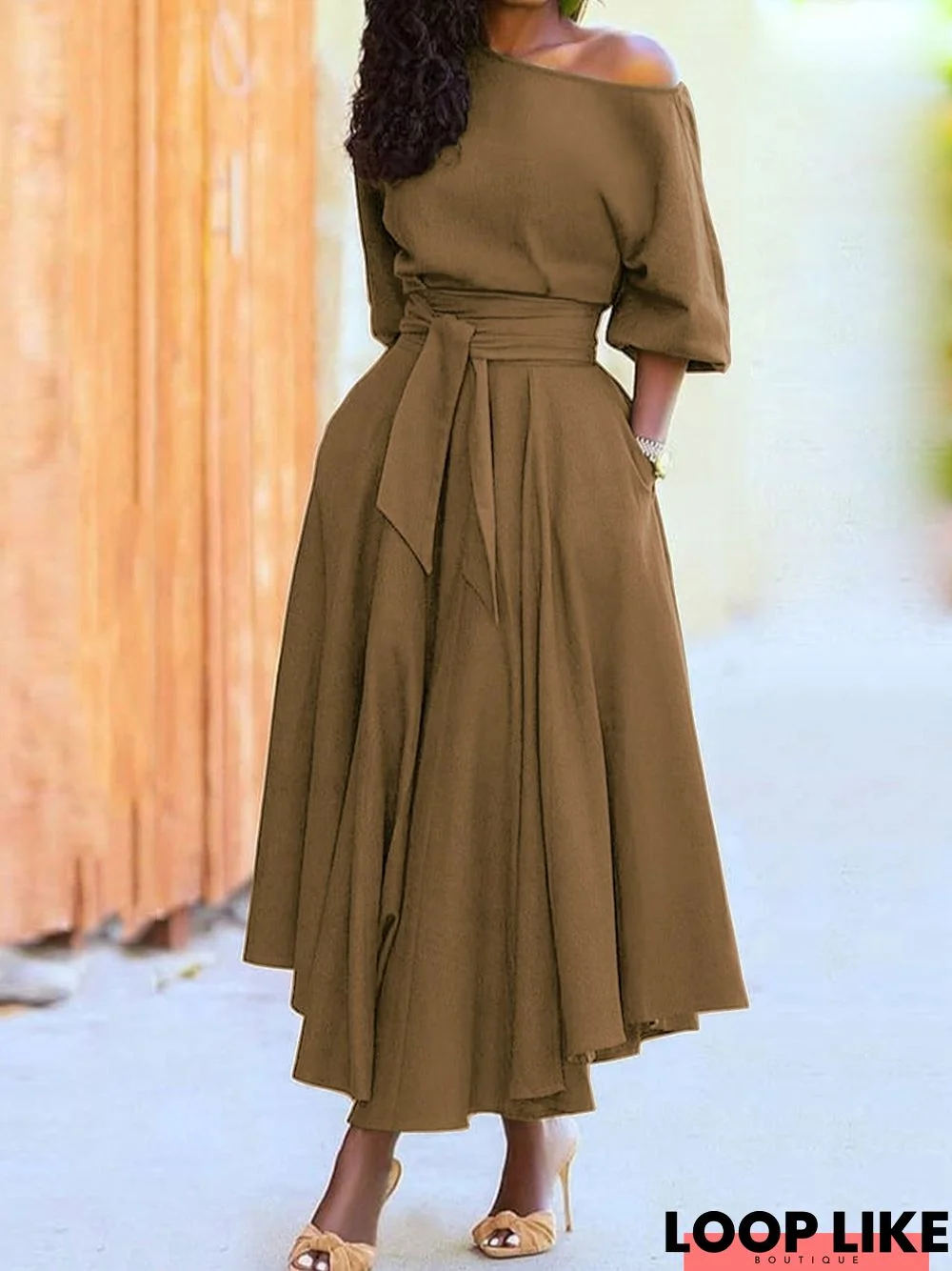 Diagonal Shoulder Collar Strap Waist Closing Temperament Solid Dress