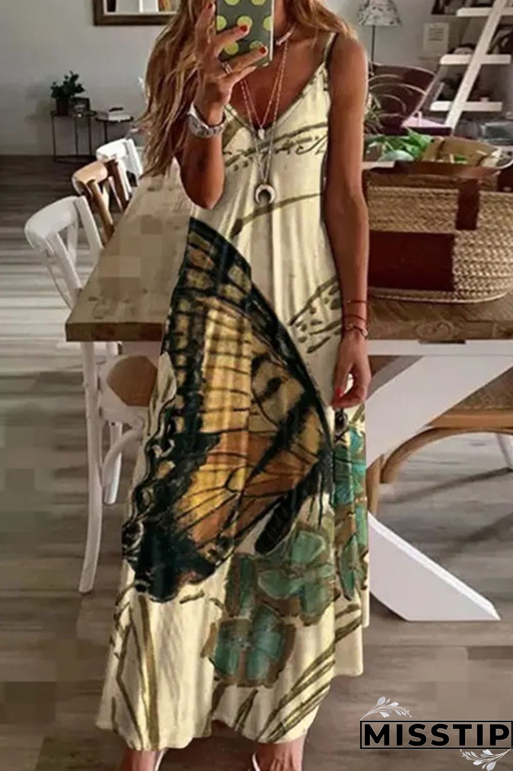 Multicolor Fashion Casual Butterfly Print Backless Spaghetti Strap Long Dress
