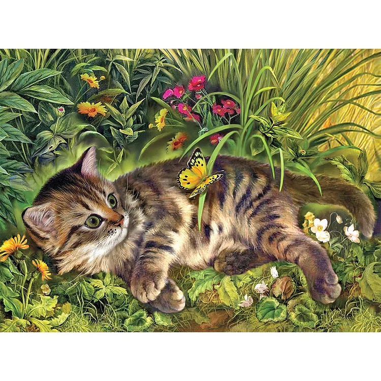 Cat Play Butterfly - Full Round Drill Diamond Painting - 40x30cm(Canvas)