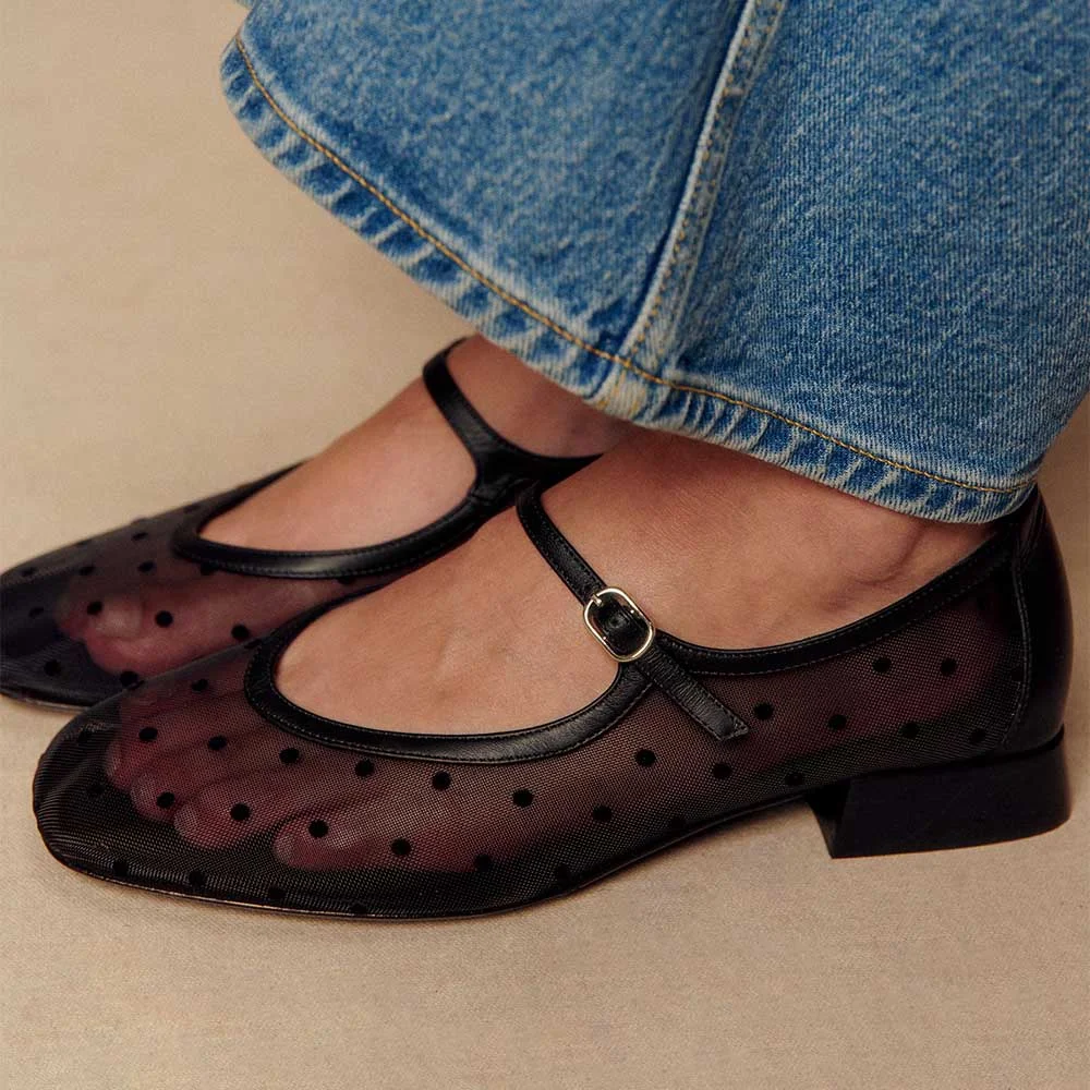 Black Square Toe Flat Polka Dot Women Mary Jane Shoes with Buckle