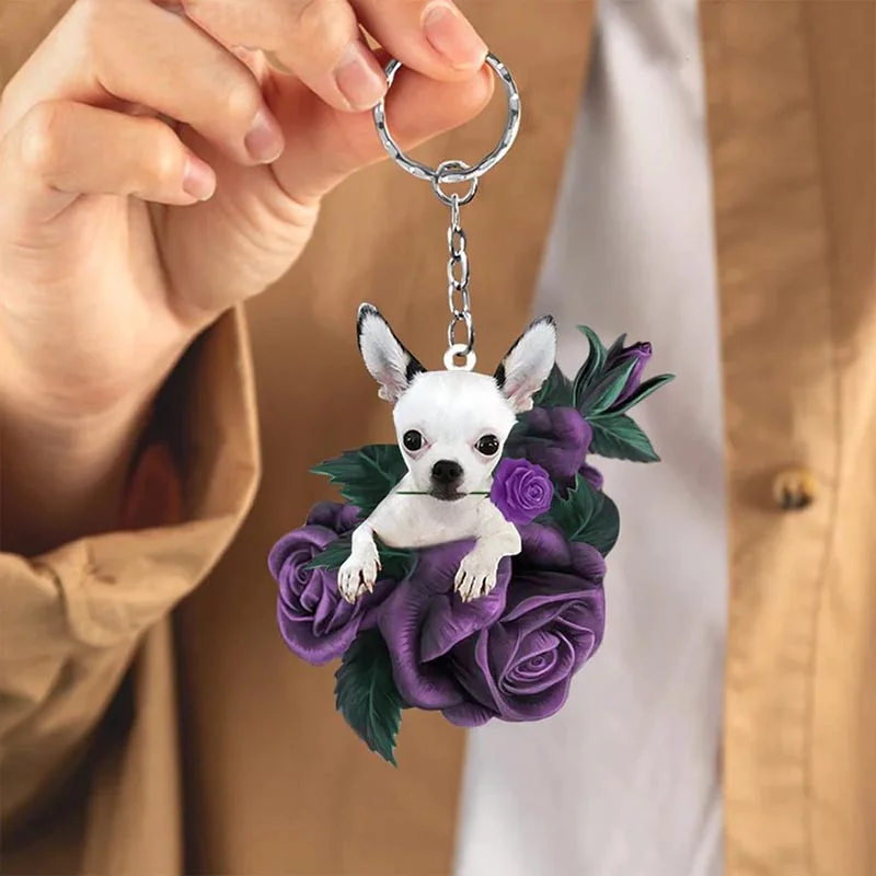 VigorDaily Chihuahua In Purple Rose Acrylic Keychain PR051