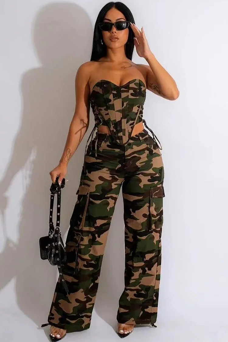 Camo Print Strapless Irregular Corset Pocket Wide Leg Pants 2pcs Set-Green
